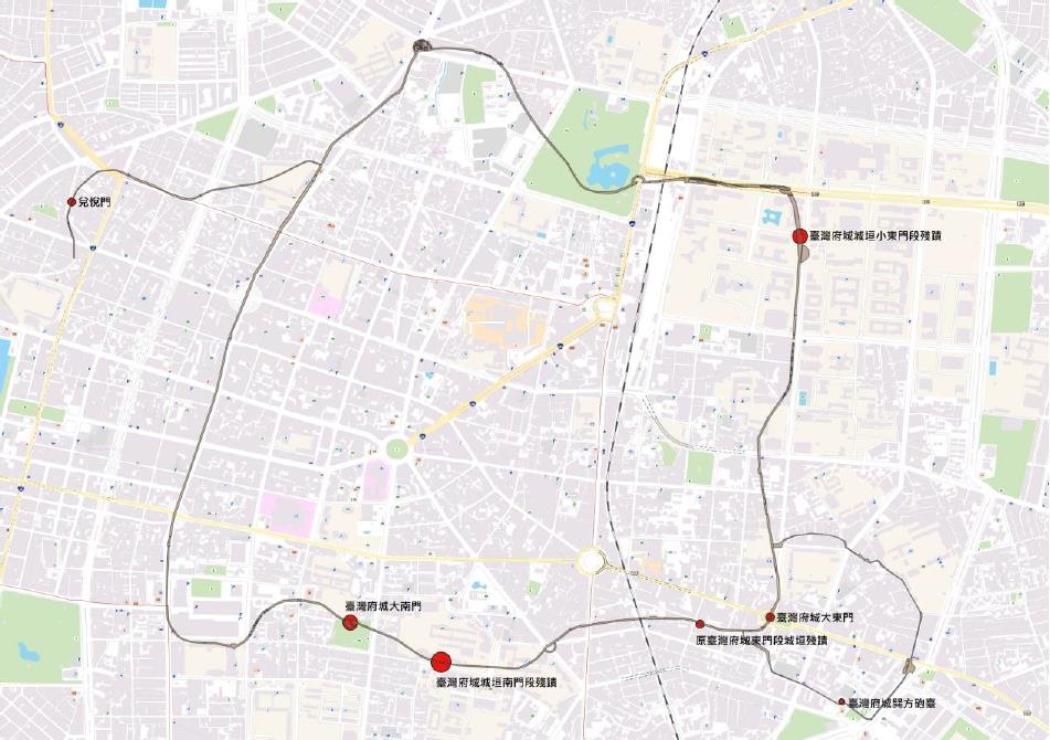 國定古蹟臺灣府城城門及城垣殘跡各標的位置